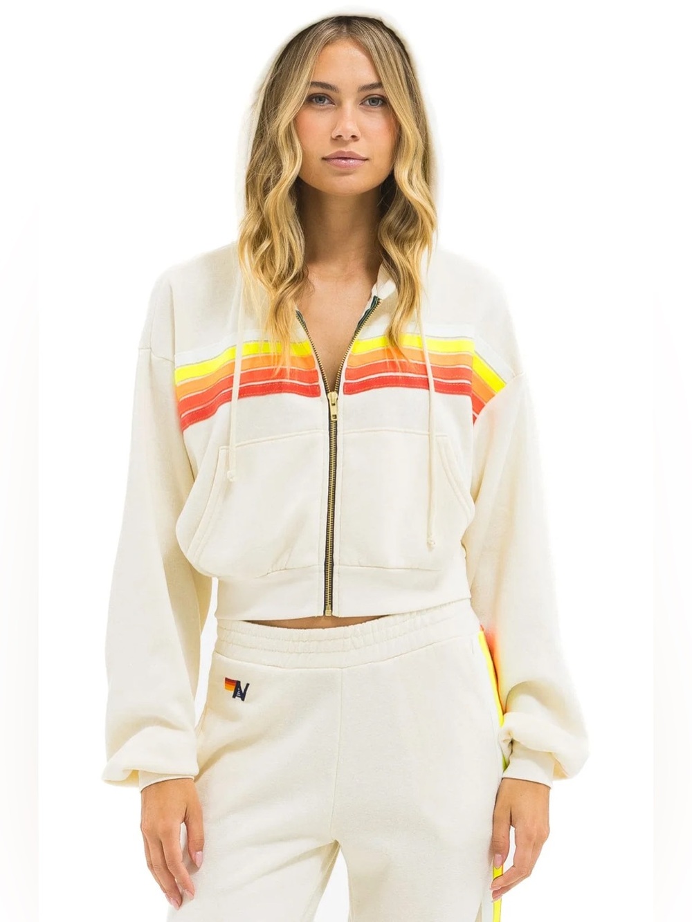 ⚡️Aviator Nation 5 Stripe Cropped Zip Hoodie Vintage White Neon L - NWT ⚡️